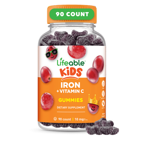 Lifeable Iron Gummies for Kids | with Vitamin C | 10mg Iron for Kids | Great Tasting Kids Iron Supplement Gummies | Vegan Iron Vitamins for Immune Health | 90 Gummies
