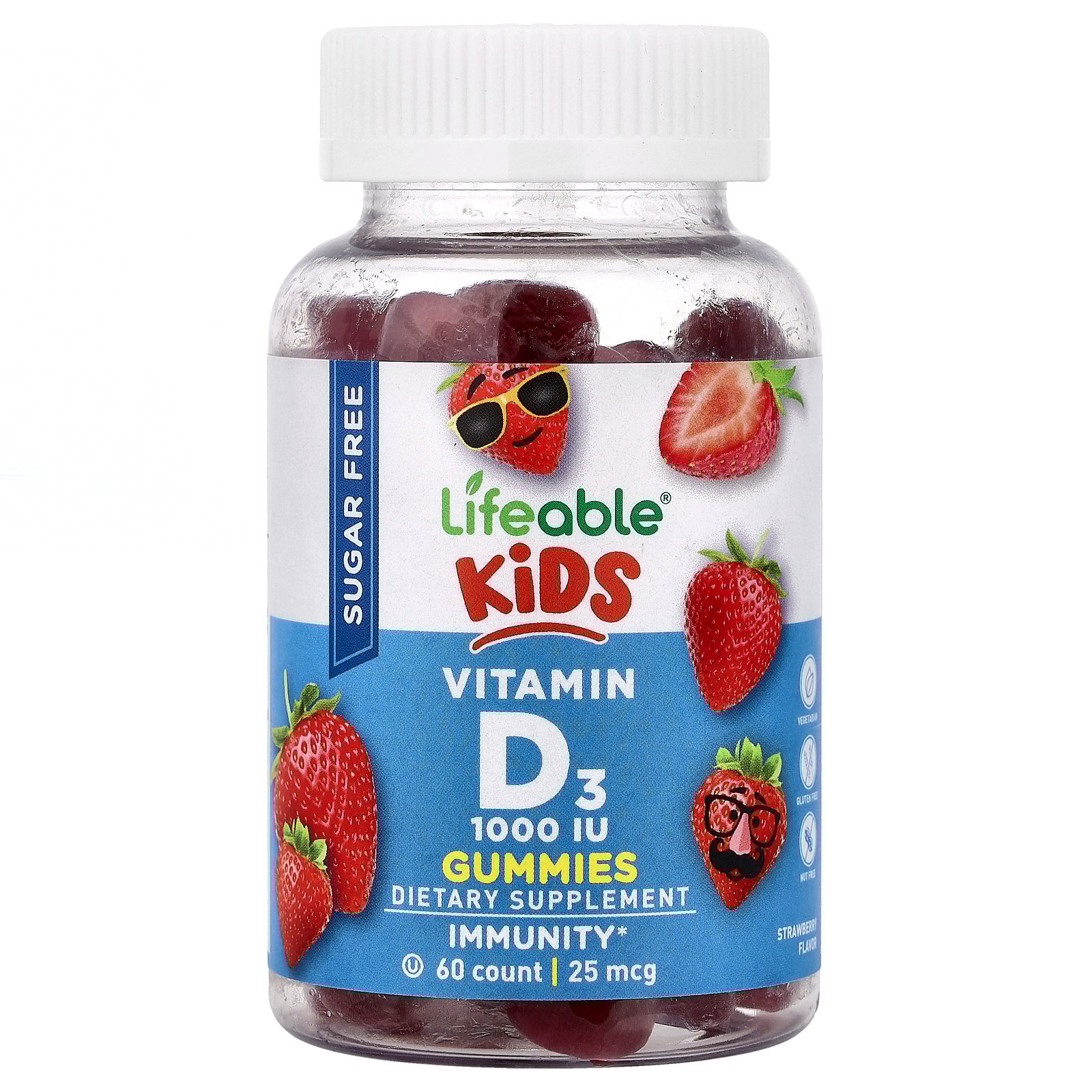 Lifeable Kids Vitamin D3 Gummies, Sugar Free, Natural Berry, 25 mcg (1,000 IU), 60 Gummies