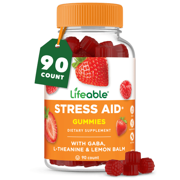 Lifeable Stress Aid Gummies | with Lemon Balm, GABA And L Theanine Supplements | Vegan Non GMO Mood Support Supplement | Great Tasing Stress Vitamins | L-Theanine for Women and Men | 90 Gummies
