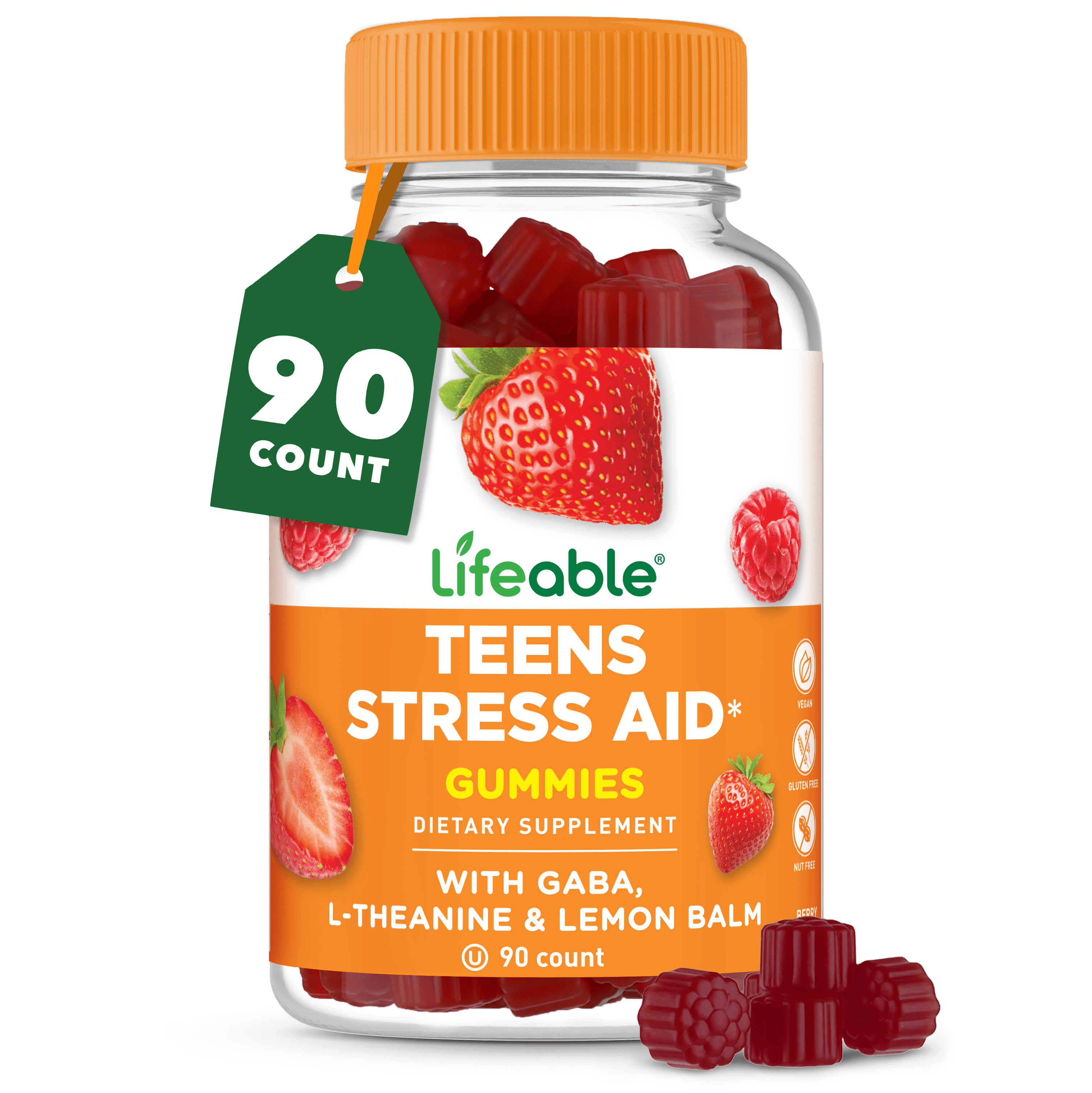 Lifeable Stress Aid Gummies for Teens | with Lemon Balm, GABA And L Theanine Supplements | Vegan Non GMO Mood Support Supplement | Great Tasing Stress Vitamins | L-Theanine for Teen | 90 Gummies