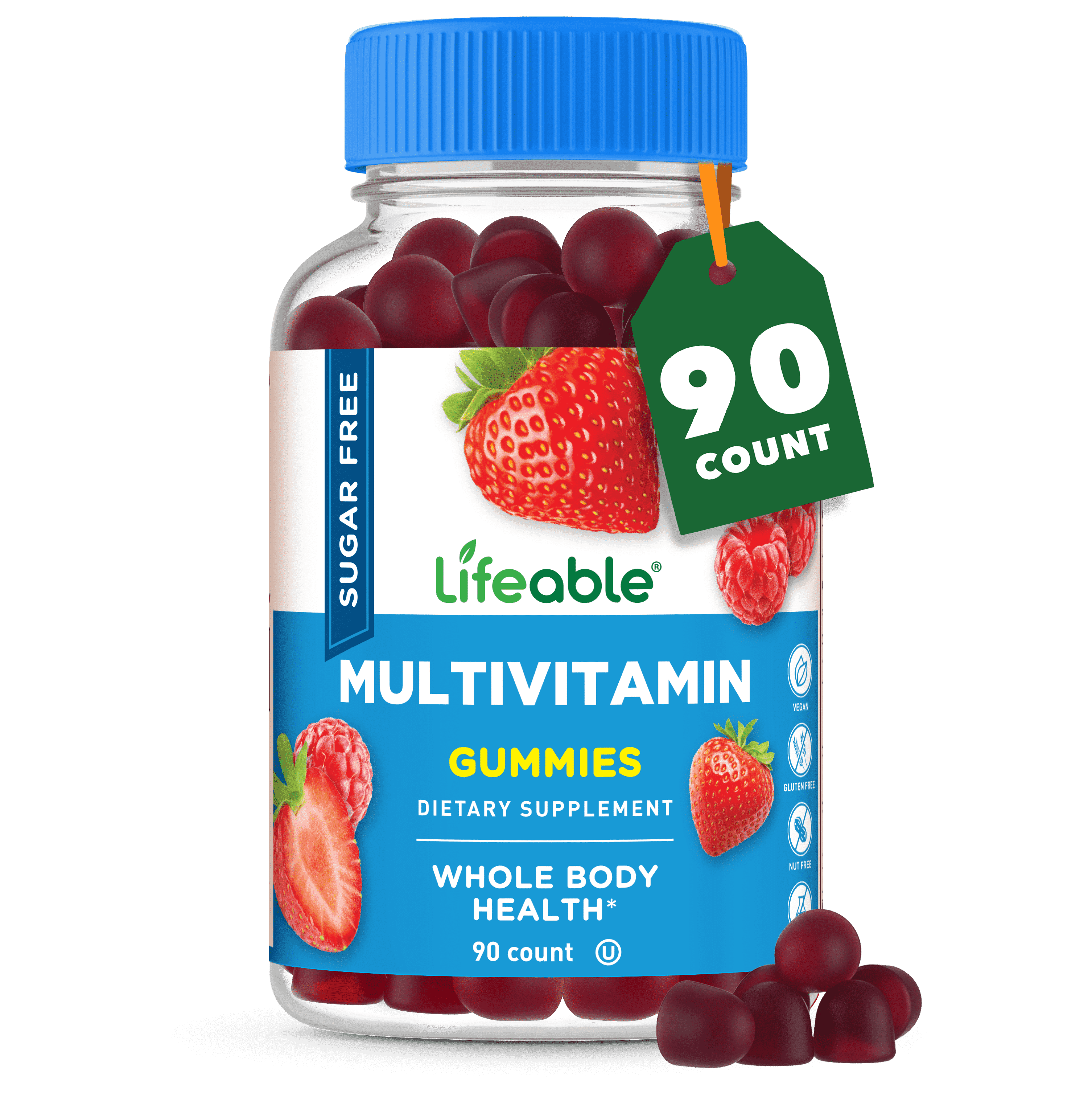 Lifeable Sugar Free Multivitamin Gummies - with Iron Vitamin A, C, D, E, Niacin, B6, Folate, B12, Biotin, Pantothenic Acid, Zinc - Great Tasting - 90 Gummies