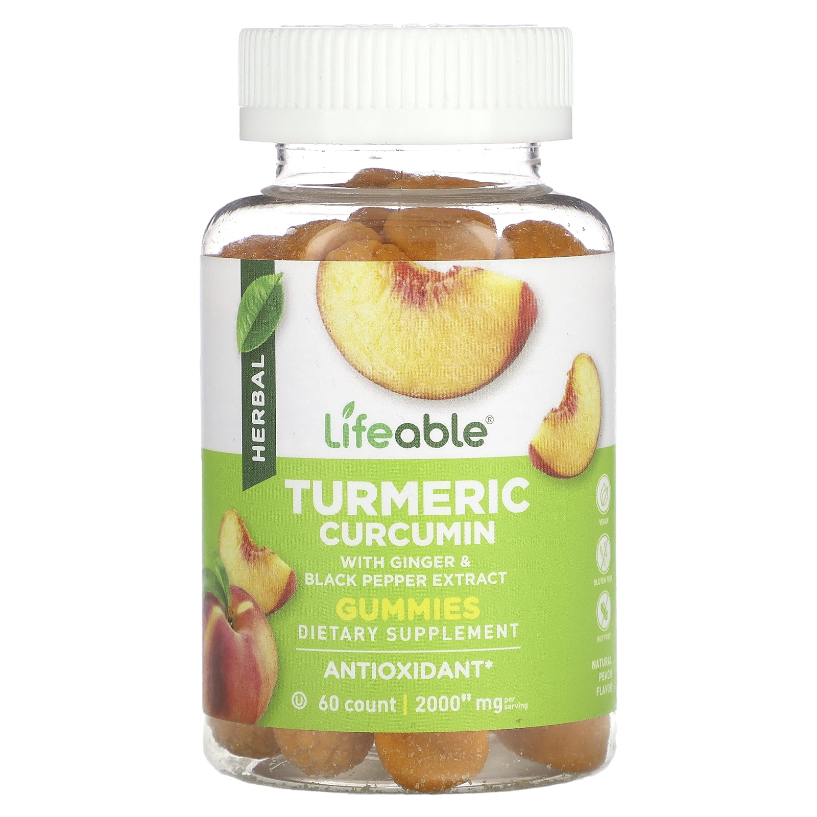 Lifeable Turmeric Curcumin Gummies, Natural Peach, 2,000 mg, 60 Gummies