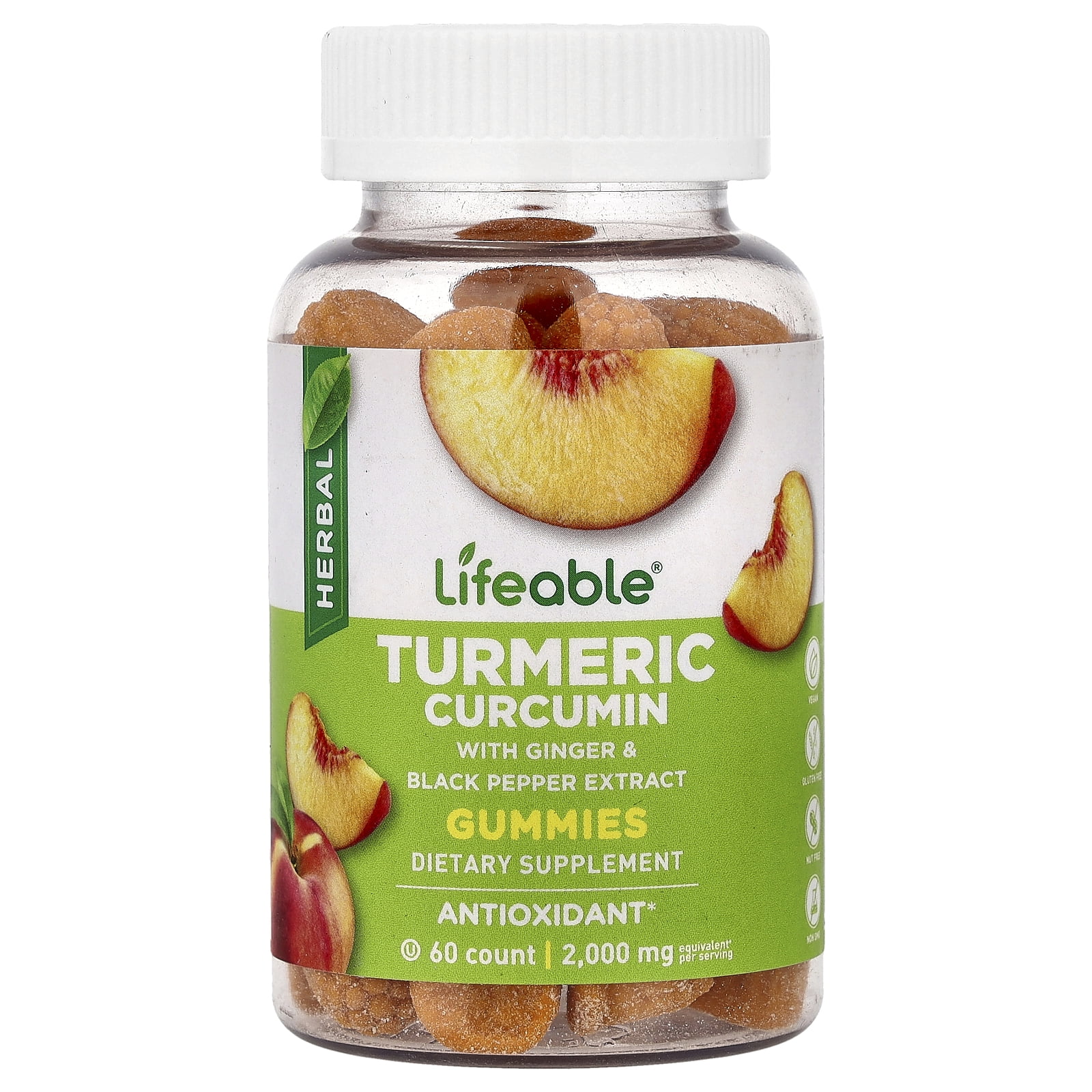 Lifeable Turmeric Curcumin Gummies, Peach, 60 Gummies