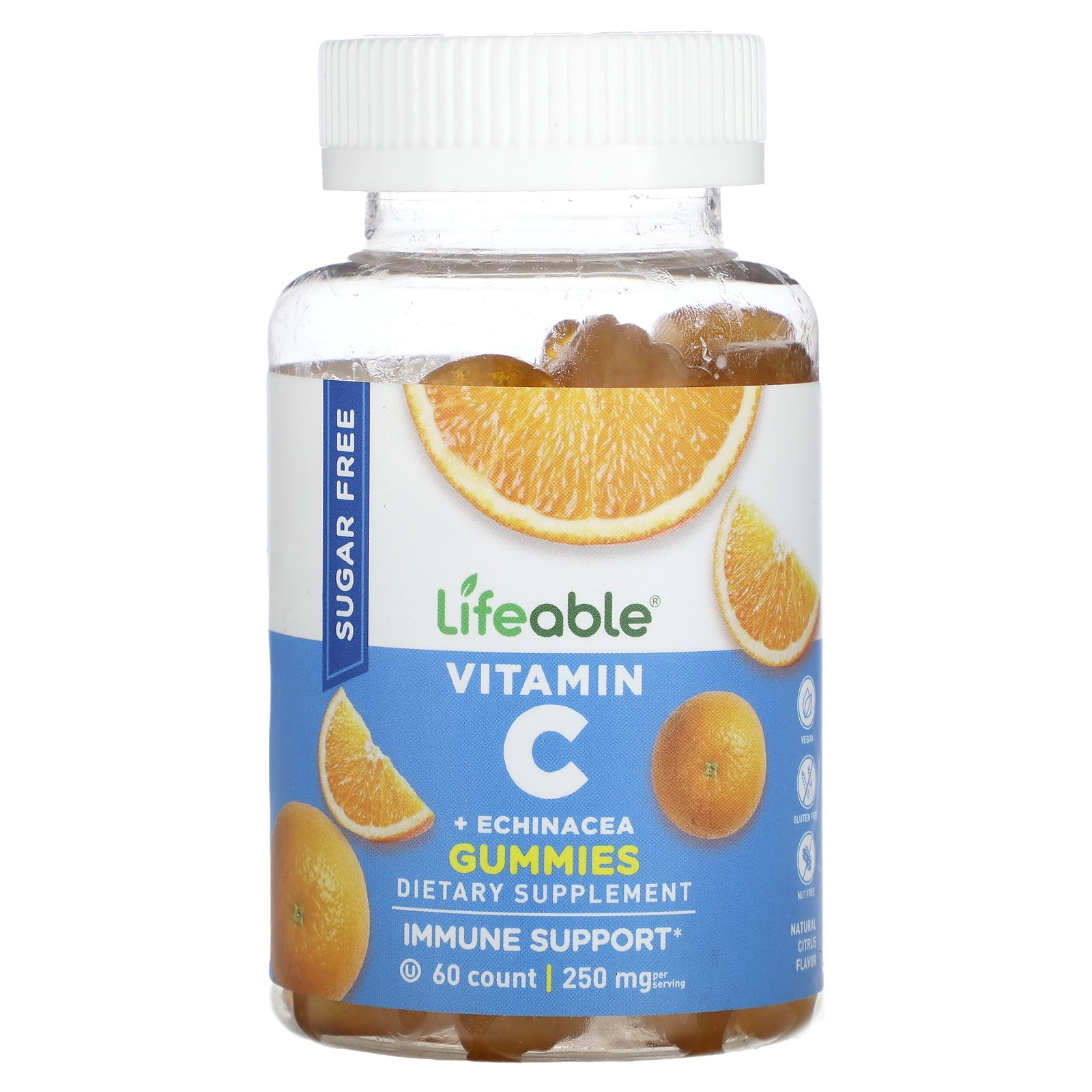Lifeable Vitamin C + Echinacea Gummies, Sugar Free, Natural Citrus, 250 mg, 60 Gummies (125 mg
