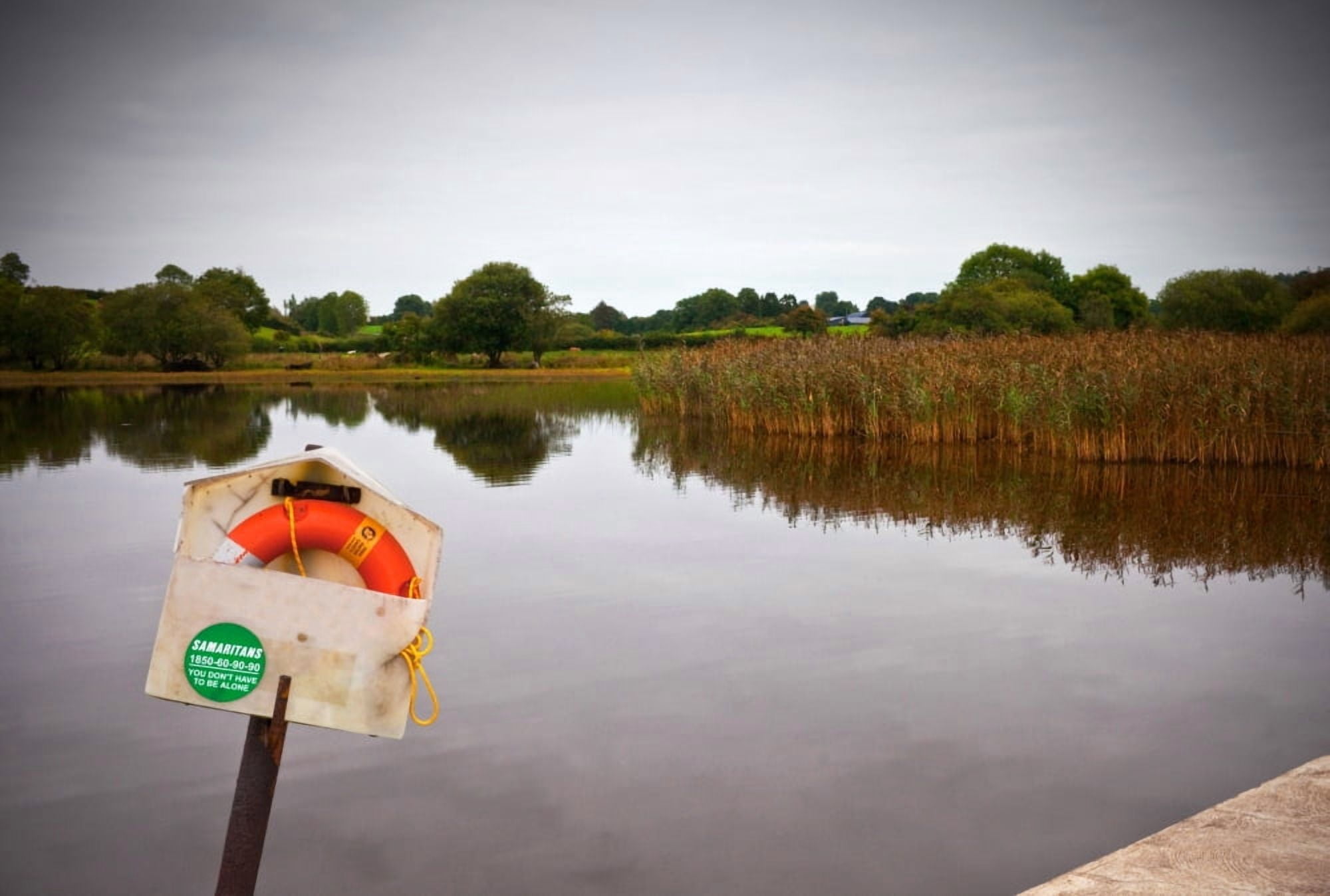 Lifebelt and sign for the Samaritans alongside a slipway into Lough MacNean County Fermanagh Northern Ireland Canvas Art - Panoramic Images (36 x 24)