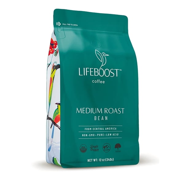 Lifeboost Coffee Organic Coffee Beans Medium Roast - Low Acid Single Origin Non-GMO Organic Whole Bean Coffee - Third Party Tested For Mycotoxins & Pesticides - 12 Ounces