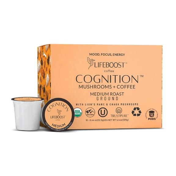 Lifeboost Cognition Mushroom Coffee Pods  Organic Low Acid K-Cups with Lions Mane & Chaga Adaptogens  Nootropic Coffee for Energy, Focus & Immune Support  10 Count