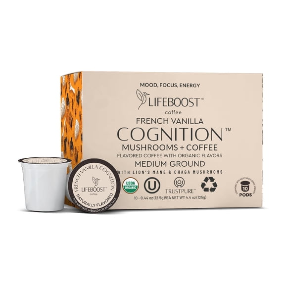Lifeboost French Vanilla Cognition Mushroom Coffee Pods - Low Acid Organic K-Cups with Lions Mane & Chaga Nootropic Mushrooms for Focus, Energy & Immune Support - 10 Count