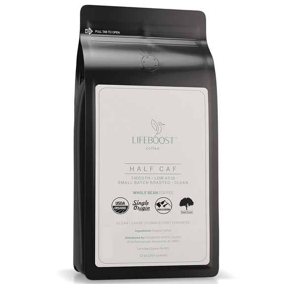 Lifeboost Half Caff Medium Roast Whole Bean Coffee - Low Acid Organic Coffee, Non-GMO, USDA Organic, Single Origin, Third-Party Tested for Mycotoxins & Pesticides - 12 oz Bag