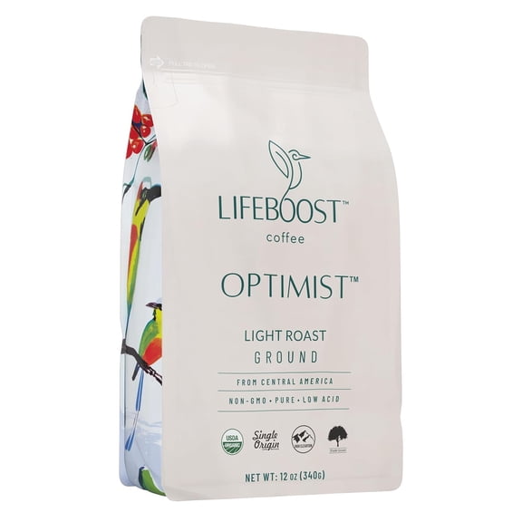 Lifeboost Light Roast Ground Coffee - Non-GMO Single Origin Low Acid Organic Light Roast Coffee - Third Party Tested For Mycotoxins & Pesticides - Ground - 12 Ounces