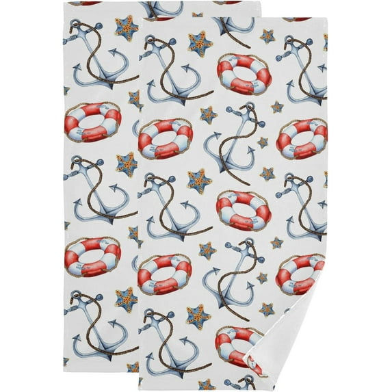 Lifebuoy with Ropes Hand Towels 2 PCS, Nautical Anchor Pattern Kitchen Towel Ultra Soft and Highly Absorbent,Decorative Fingertip Face Towel for Bathroom Hotel, 28.3"x14.4"