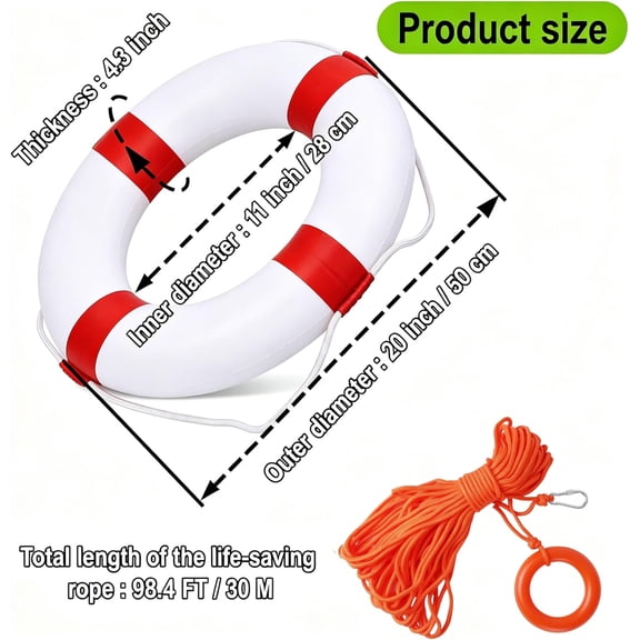Lifebuoy Set  Life Preserver Ring and Water Floating Lifesaving Rope ,Swim Foam Buoy,Swimming Pool Safety Throwing Ring with Perimeter Rope,Throwable Flotation Device