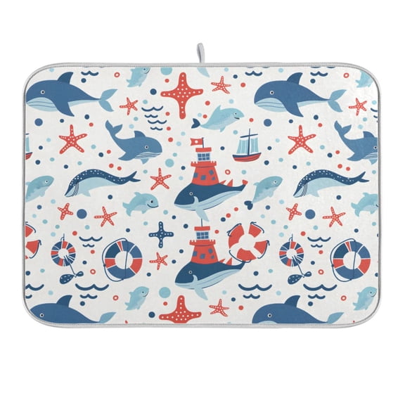 Lifebuoy Whale Starfish Dish Drying Mat 16x18 Absorbent Microfiber Draining Rack Pad for Kitchen Counter Sink