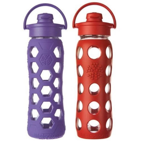 Lifefactory 22 Ounce Flip Cap Glass Beverage Bottles - 2 Pack (Royal Purple/Red)