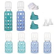 Lifefactory 6 Bottle Starter Set 4 4-Ounce Baby Bottle in Mint/Blanket 2 9-Ounce Baby Bottle in Kale/Blueberry 2 Flat Caps 2 Sippy Caps 2 Stage 2 Nipples, Mint/Blanket/Kale/Blueberry/White