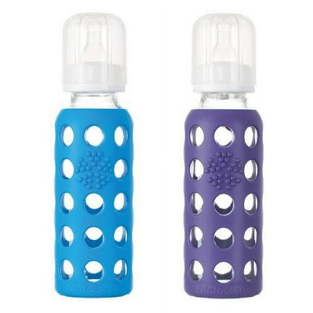 Lifefactory Glass Baby Bottle with Silicone Sleeve, Set of 2 (Blue/Purple)
