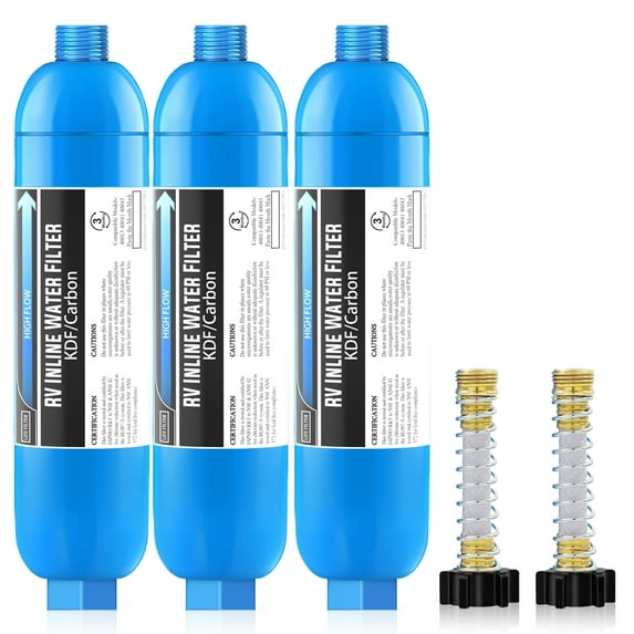 Lifefilter RV Inline Marine Water Filter, Blue, reduces chlorine and bad taste and odor, NSF certified, with flexible hose protector, pack of 3