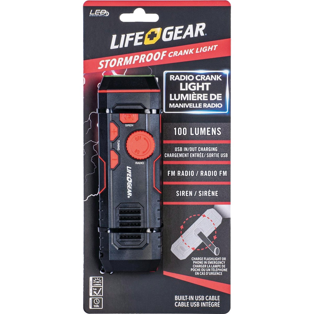 Life+Gear Stormproof USB Crank Flashlight Radio - 120 Lumen, Water-Resistant, LED, Red