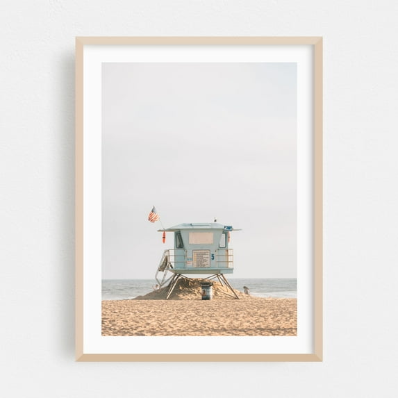 Lifeguard, HB 02 - Huntington Beach California Photography Beach Coastal Minimalist Ocean Beach House Summer Vintage Oak Framed Wall Art Print 12 x 16 inches