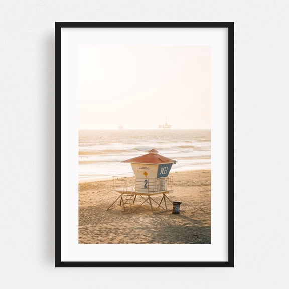 Lifeguard, HB - Huntington Beach California Photography Beach Coast Ocean Sunset Minimalist Summer Black Framed Wall Art Print 5 x 7 inches