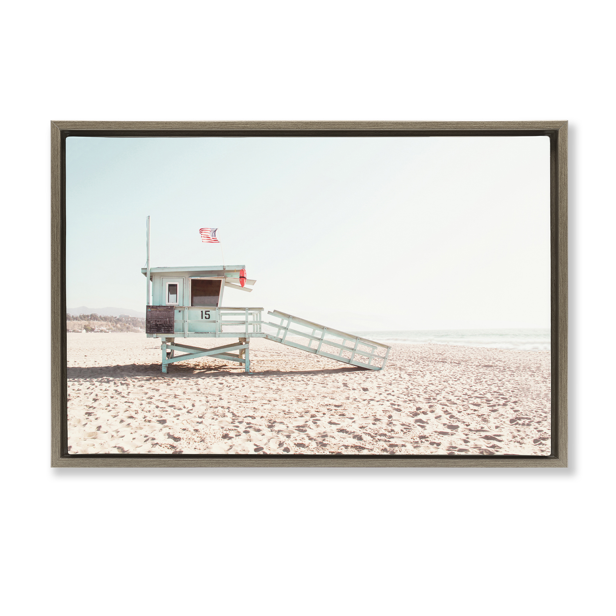Lifeguard Hut Sunny Day Brown Framed Floater Canvas Wall Art, design by Sisi and Seb