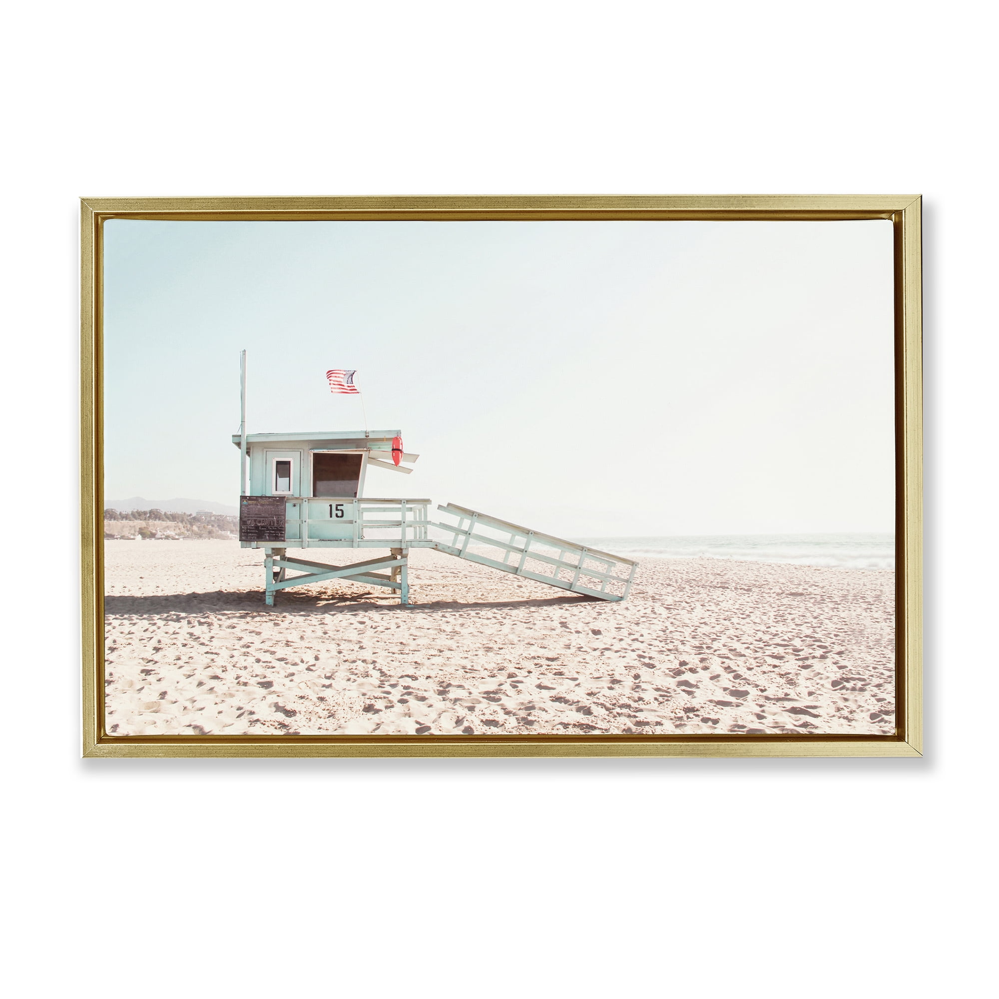 Lifeguard Hut Sunny Day Gold Framed Floater Canvas Wall Art, design by Sisi and Seb