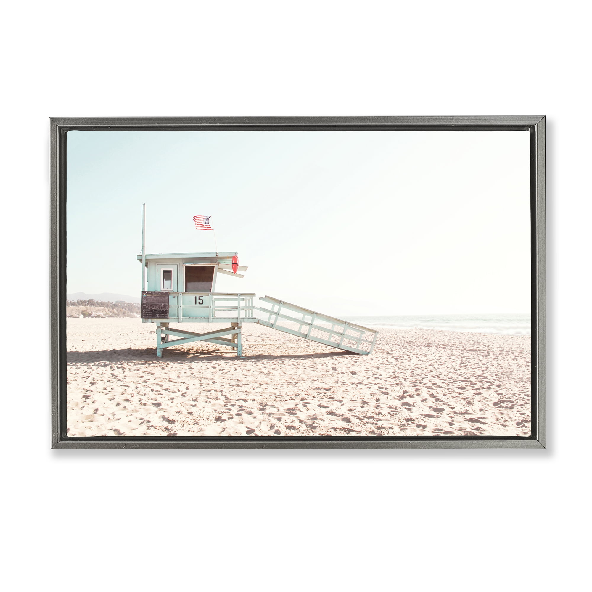 Lifeguard Hut Sunny Day Gray Framed Floater Canvas Wall Art, design by Sisi and Seb
