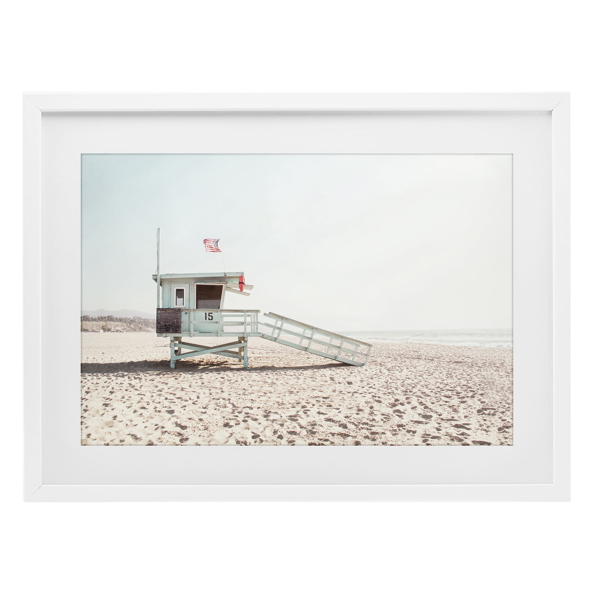 Lifeguard Hut Sunny Day White Framed Print Under Glass, design by Sisi and Seb