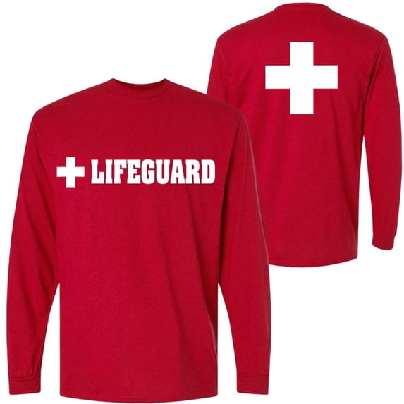 Lifeguard + Long Sleeve T-Shirt Double Sided Printed Unisex Crewneck Duty Guard Pool Watch Shirt (Red, XX-Large)