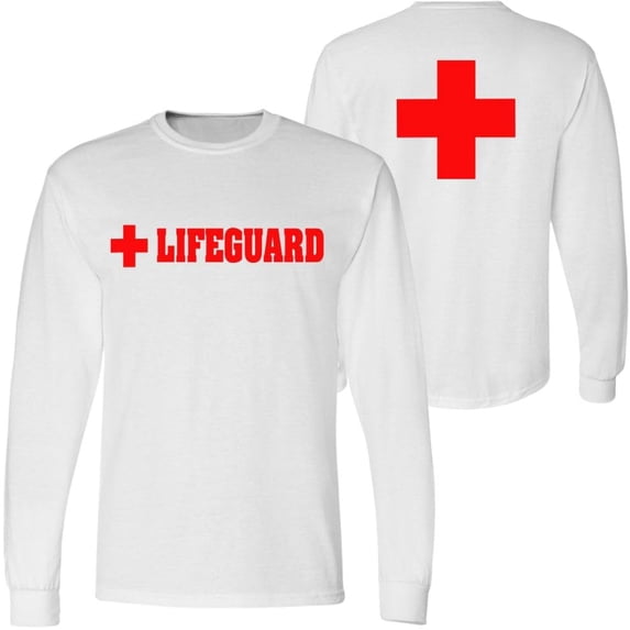 Lifeguard + Long Sleeve T-Shirt Double Sided Printed Unisex Crewneck Duty Guard Pool Watch Shirt (White, X-Large)