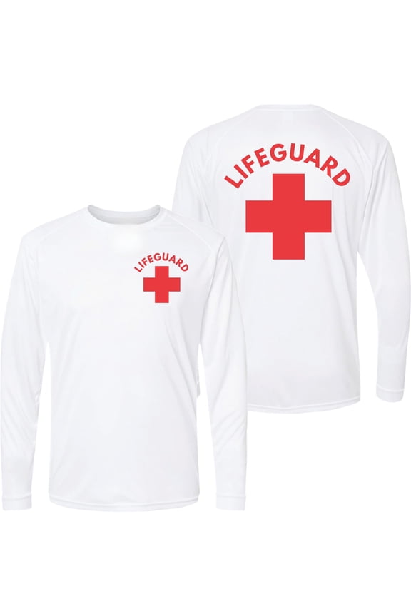 Lifeguard + Moisture Wicking Long Sleeve T-Shirt 100% Polyester Performance Uniform Sun Rash Guard Shirt (White, Medium)