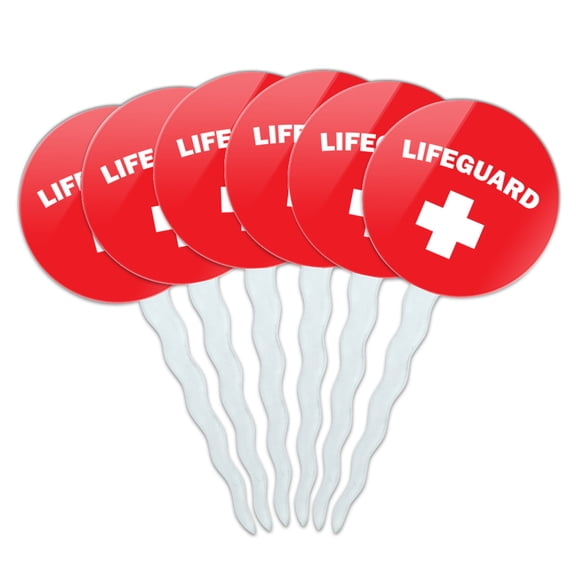 Lifeguard Red and White Cupcake Picks Toppers Decoration Set of 6