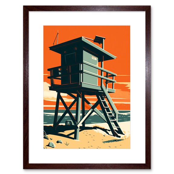 Lifeguard Tower Seascape Pastel Colour Orange Teal Blue Beach Bathroom Artwork Framed Wall Art Print 9X7 Inch