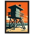 thumbnail image 1 of Lifeguard Tower Seascape Pastel Colour Orange Teal Blue Beach Bathroom Artwork Framed Wall Art Print A4, 1 of 4