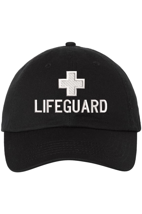Lifeguard Uniform Dad Hat | Lifeguard Cross Cap Beach Rescue Pool Swimming Watch Safety Embroidered Unstructured Dad Cap (BlackWithWhiteLifeguard)