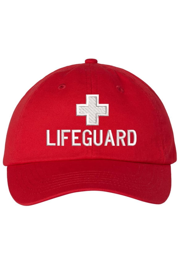 Lifeguard Uniform Dad Hat | Lifeguard Cross Cap Beach Rescue Pool Swimming Watch Safety Embroidered Unstructured Dad Cap (RedWithWhiteLifeguard)