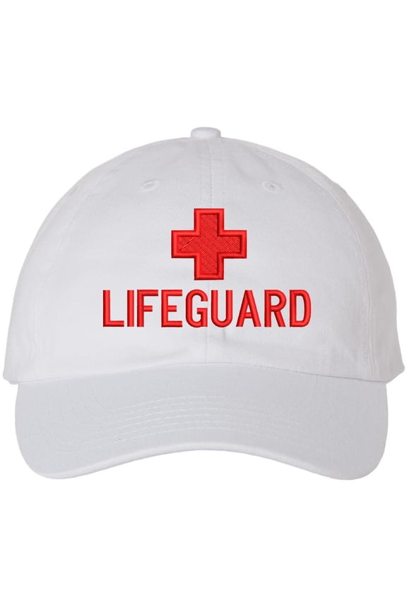 Lifeguard Uniform Dad Hat | Lifeguard Cross Cap Beach Rescue Pool Swimming Watch Safety Embroidered Unstructured Dad Cap (WhiteWithRedLifeguard)