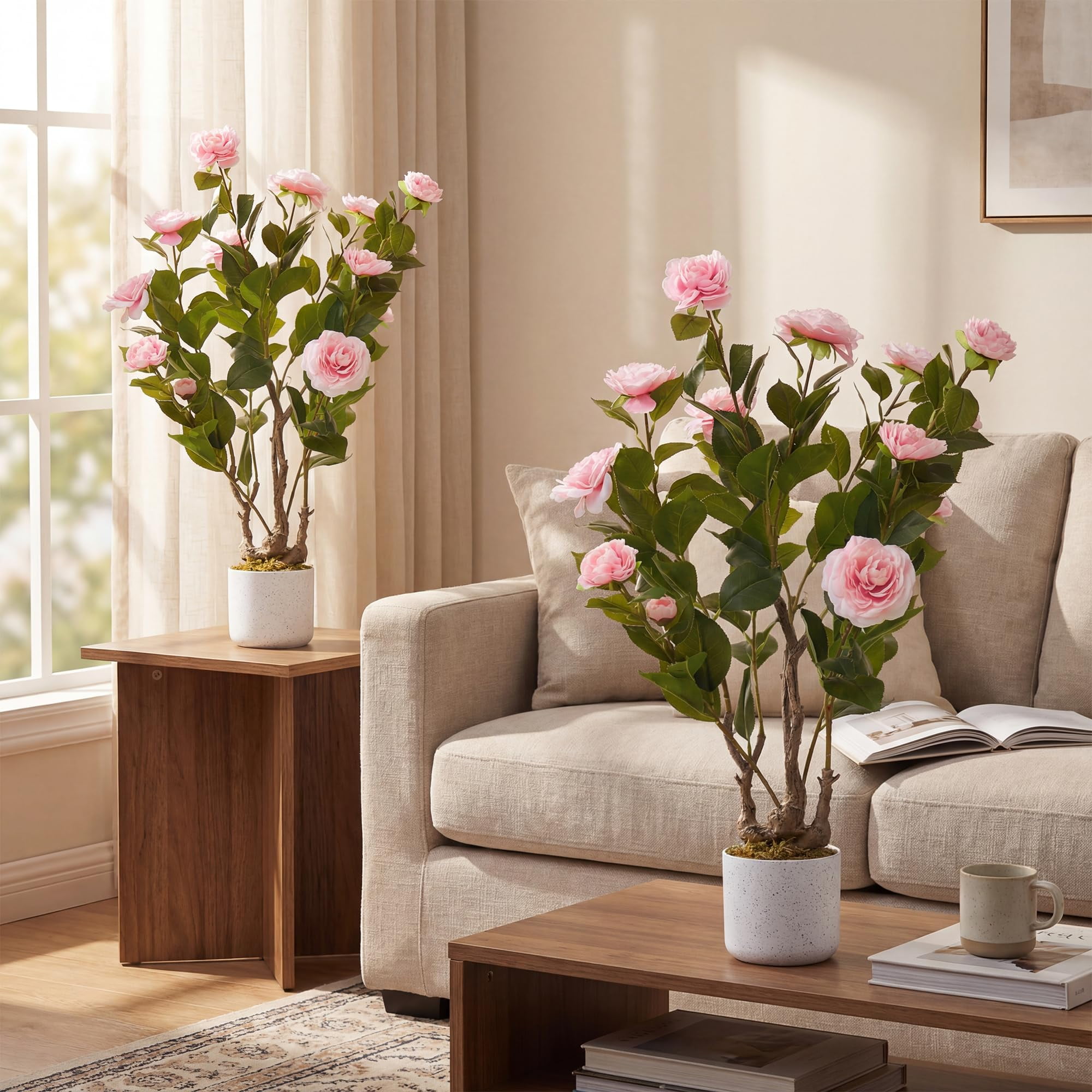 Lifelike Artificial Camellia Tree in Pot - 2 Packs Realistic Faux Flowers with White Planter, Fake Plant for Home Office Decor, Wedding Centerpiece Gift, Pink
