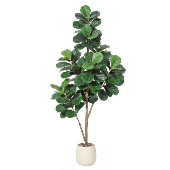 Lifelike Artificial Fiddle Leaf Fig Tree – Realistic Faux Ficus Lyrata with 108 Leaves – Indoor Decorative Plant for Home, Office, Living Room – Easy Assembly, 180cm, White Flower Stone
