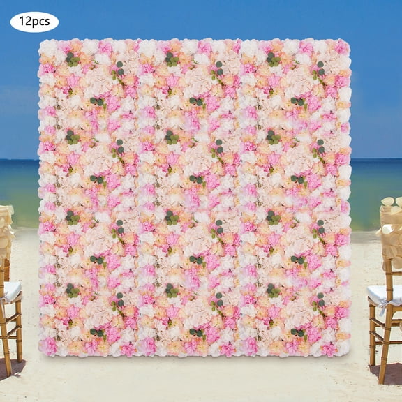 Lifelike Artificial Flower Wall, 12 Panels, Pink & White Roses, Green Leaves, Hollow Grid Base, X-Shaped Fixing Bar, Suitable for Indoor & Outdoor Decorations