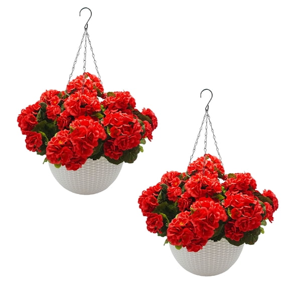 Lifelike Artificial Geranium Flowers in White Planter - All-Weather Fade Resistant Hanging Plants for Porch, Garden, Patio & Christmas Home Decor (2 Set)