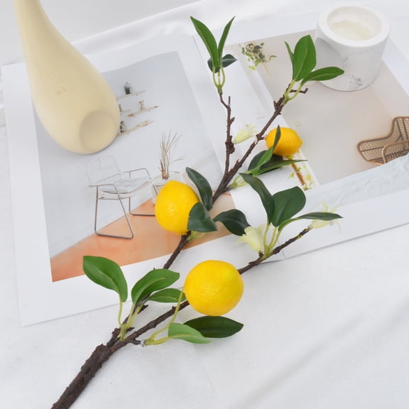 Lifelike Artificial Lemon Branch with 3 Fruits - Instant Citrus Charm for Vases, Shelves & Kitchen Decor (No Water Needed!).