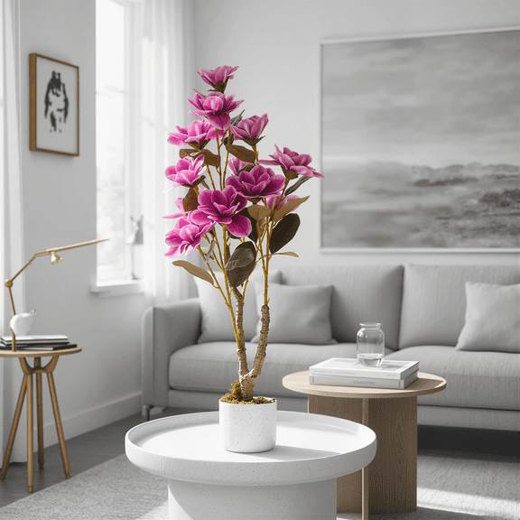 Lifelike Artificial Magnolia Orchid Tree – 37in/3Ft Pink Faux Plant with Lifelike Flowers, Green Leaves & Dried Moss – Realistic Indoor/Outdoor Decor, Home, Office, Wedding –Specs: Magnolia,