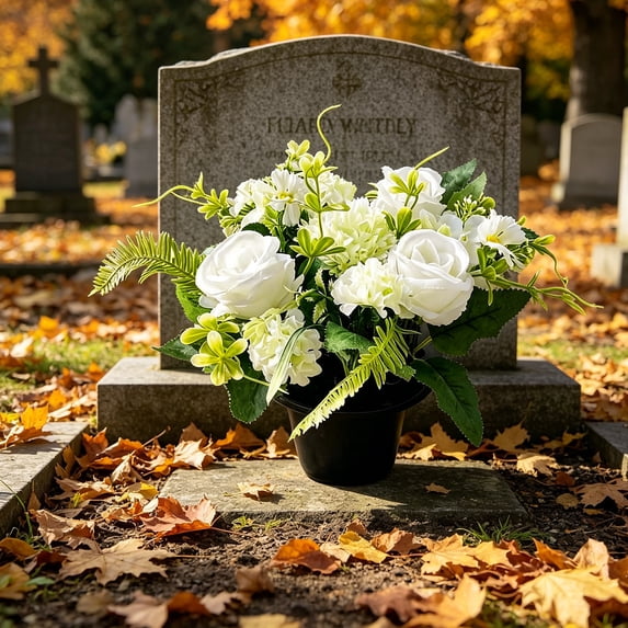 Lifelike Artificial Potted Rose Arrangements Designed for Cemetery Memorial, Solemn Faux Flower Decor for Tomb Placement, Memorial Day Condolence Service/Grave Surrounding Sympathetic Layout,