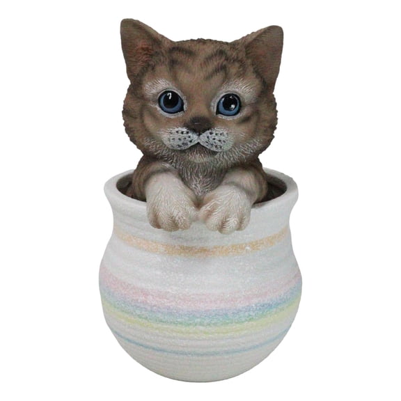 Lifelike Feline Kitty Brown Tabby Cat Blue Eyes In Pastel Artsy Pot Figurine