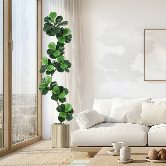 Lifelike Fiddle Leaf Fig Artificial Tree - 5ft/6ft/7ft Faux Floor Plant with Moss & White Planter, Realistic Rubber Fake Tree for Home Office Living Room Indoor Decor