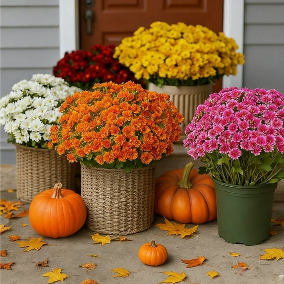 Lifelike & Full Appearance Artificial Sunsetting Mums, Uv & Weather Resistant Faux Flowers With Leaves, Front Door Porch Courtyard Balcony Garden Outdoor Decor