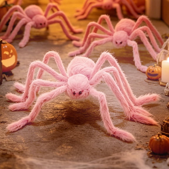 Lifelike Pink Furry Halloween Spider Decoration, Realistic Posed Figurine with Adjustable Legs for Spooky Party and Haunted House Decor, 19.7 Inch