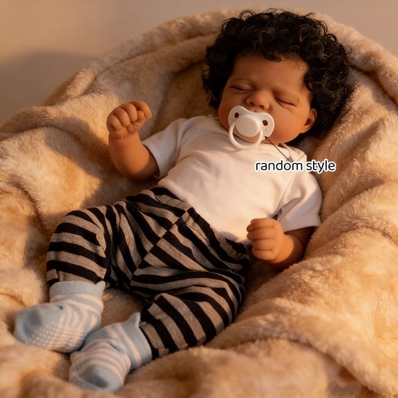 Lifelike Reborn Doll with Dark Brown Skin Hand Rooted Curly Hair, 19 inch Realistic Sleeping Newborn Baby, Kids Birthday Gift, Alive Design Doll For Collection, Holiday Christmas Gifts