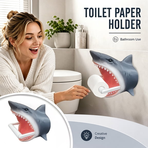 Lifelike Shark Head Toilet Paper Roll Holder, Novelty Ocean Themed Bathroom Wall Mount Tissue Storage Rack, Plastic Decorative Towel Holder for Home RV Kitchen